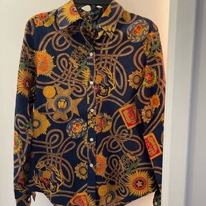 Lauren Ralph Lauren  Cotton Navy and Gold Patterned Shirt. Petite Small